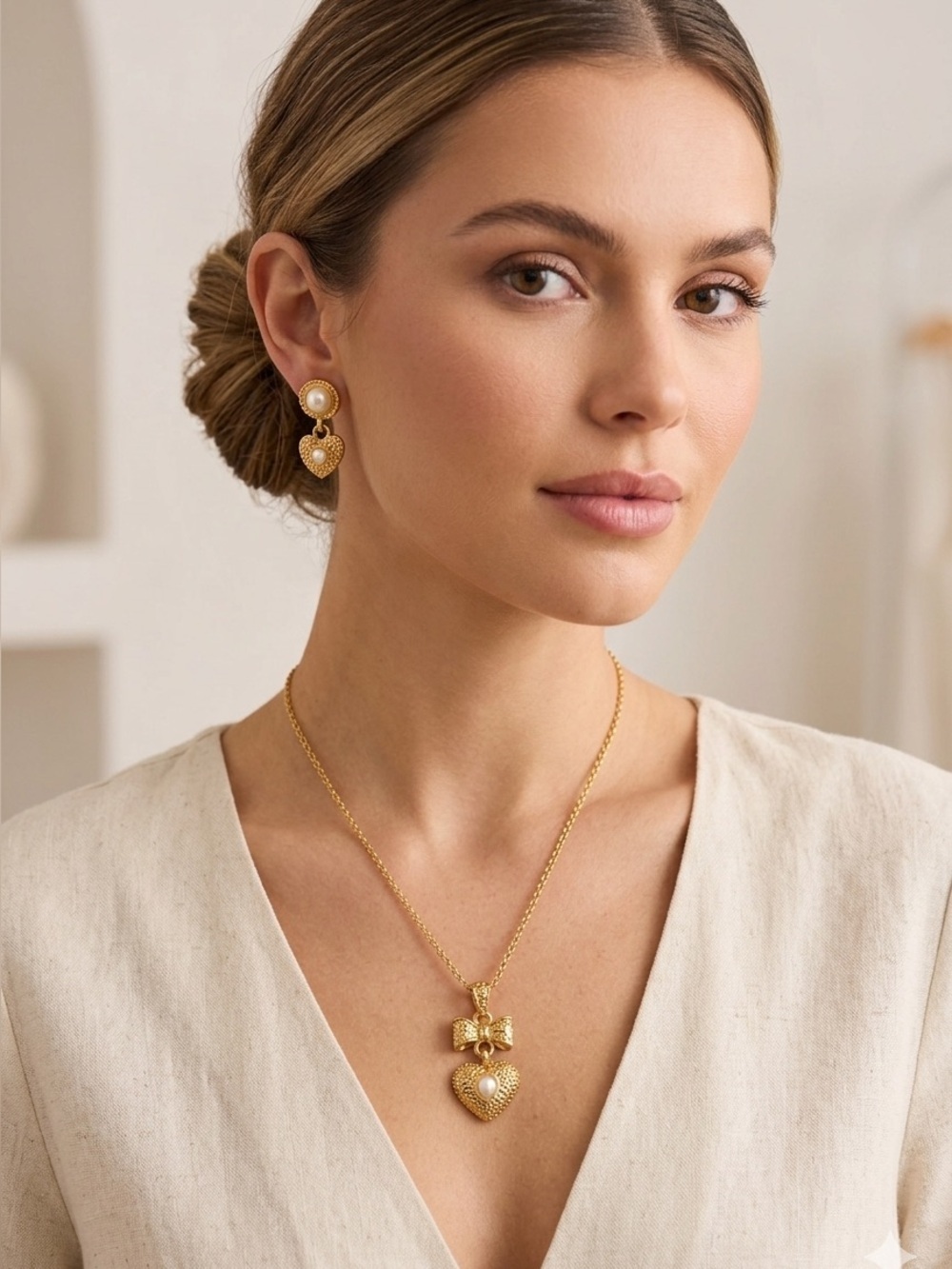 Vintage Gold Pearl Necklace and Earring Jewelry Set